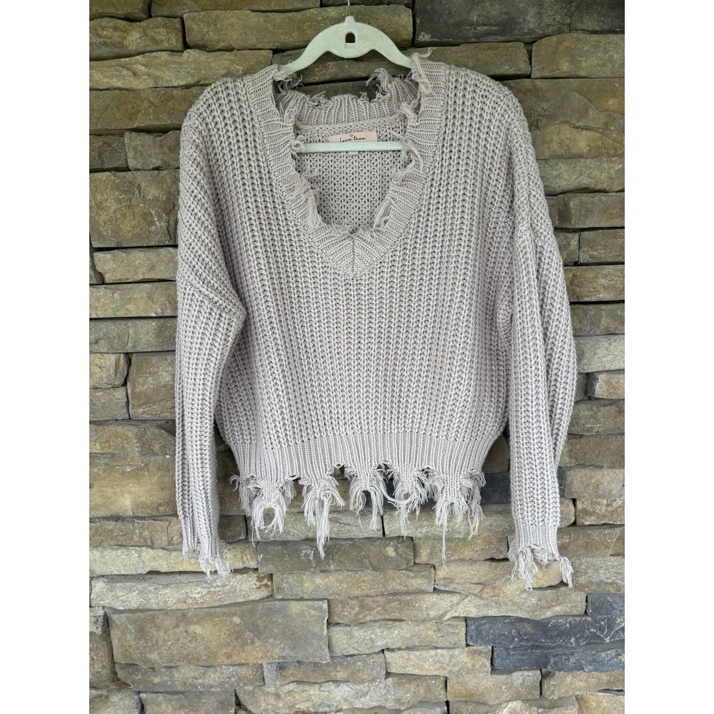Love Tree Women's Distressed Edge-V Neck Off Shoulder Sweater Medium